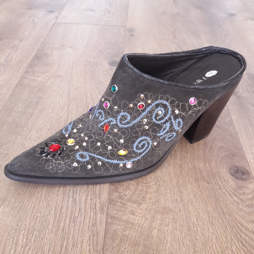 Two Lips Suede Jeweled Mules cowboy booties